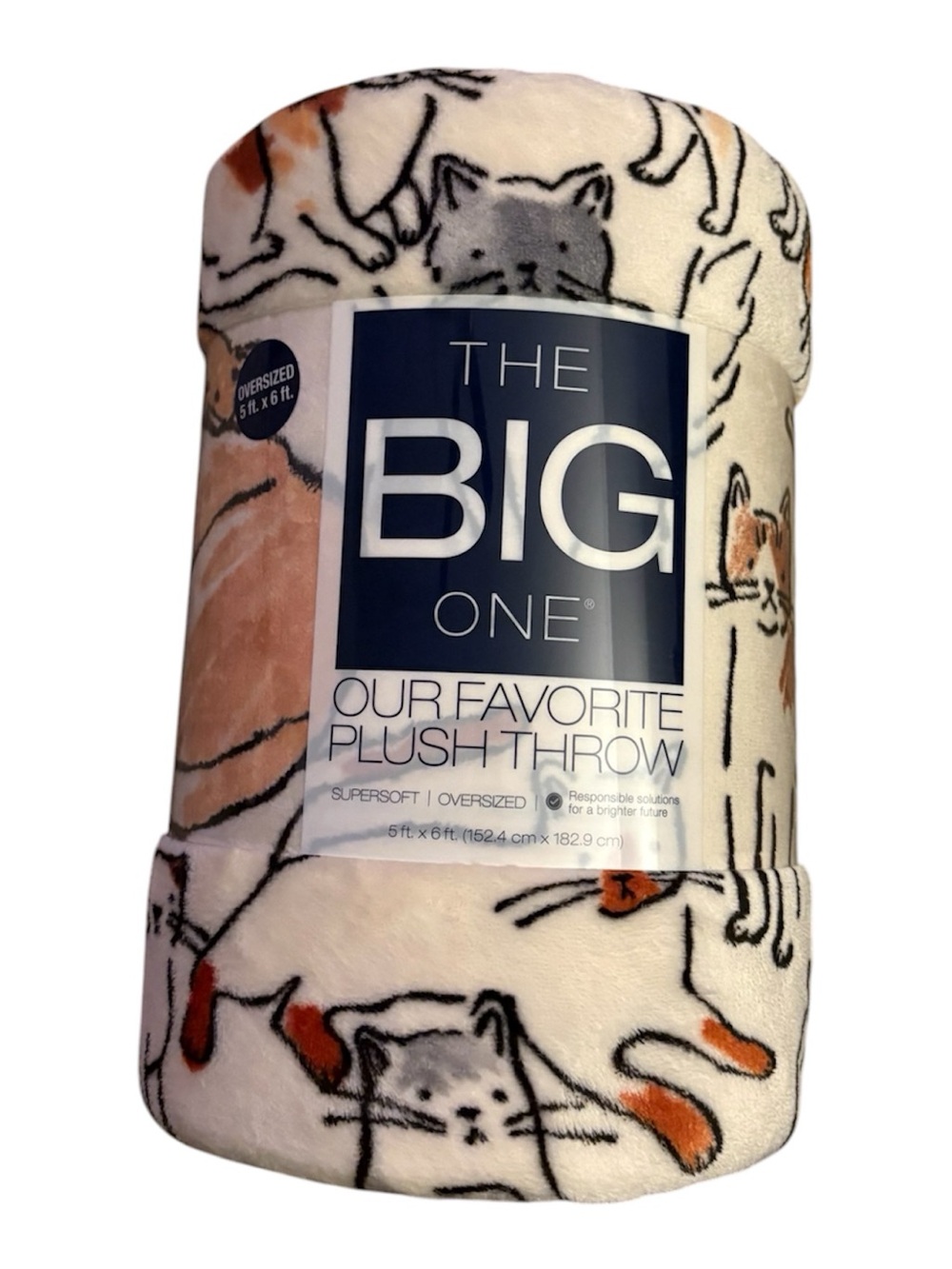 The Big One - Plush Throw - Cream with Orange & Gray Cat Motif